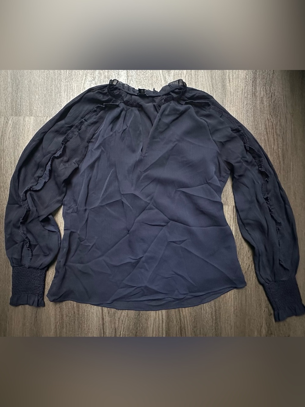 Ann Taylor Dark Blue Sheer Sleeve Blouse - Lightweight V-Neck Top Size Small